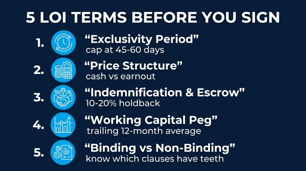 Letter of intent app sale checklist showing five key LOI terms to review