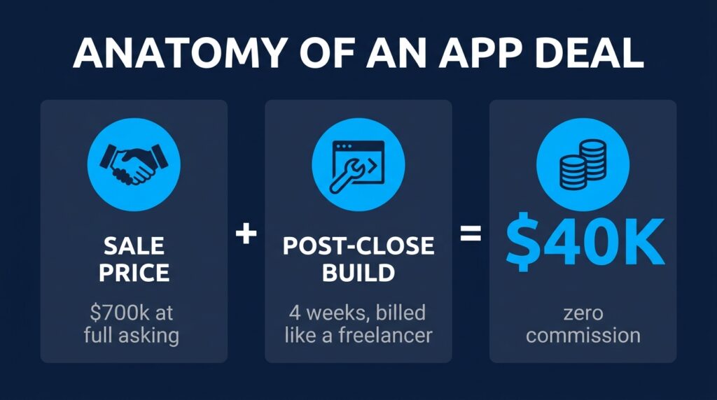 App deal structure infographic: a $700k sale plus $40k post-close work for a bigger exit