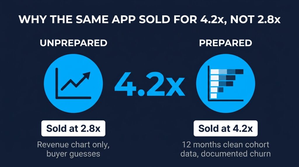 Comparison infographic on how preparation lifts the multiple when you sell a subscription app