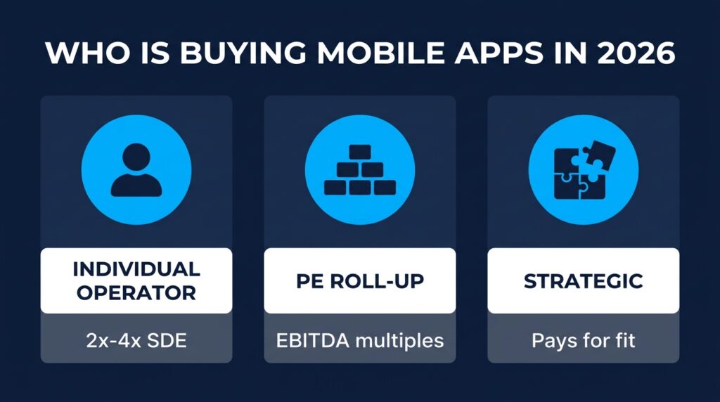 Infographic comparing three mobile app buyers in 2026 and what each type pays