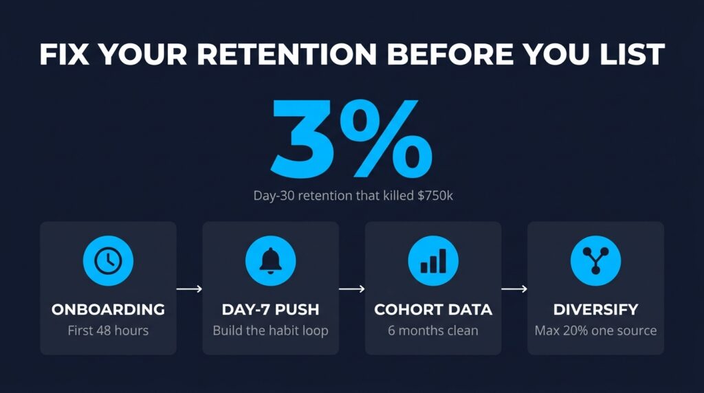 mobile app retention metrics: Day-30 retention curve showing a spike and drop