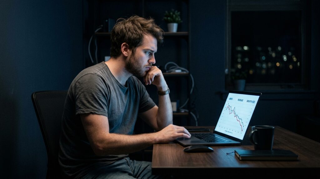 young app founder reviewing mobile app retention metrics on laptop