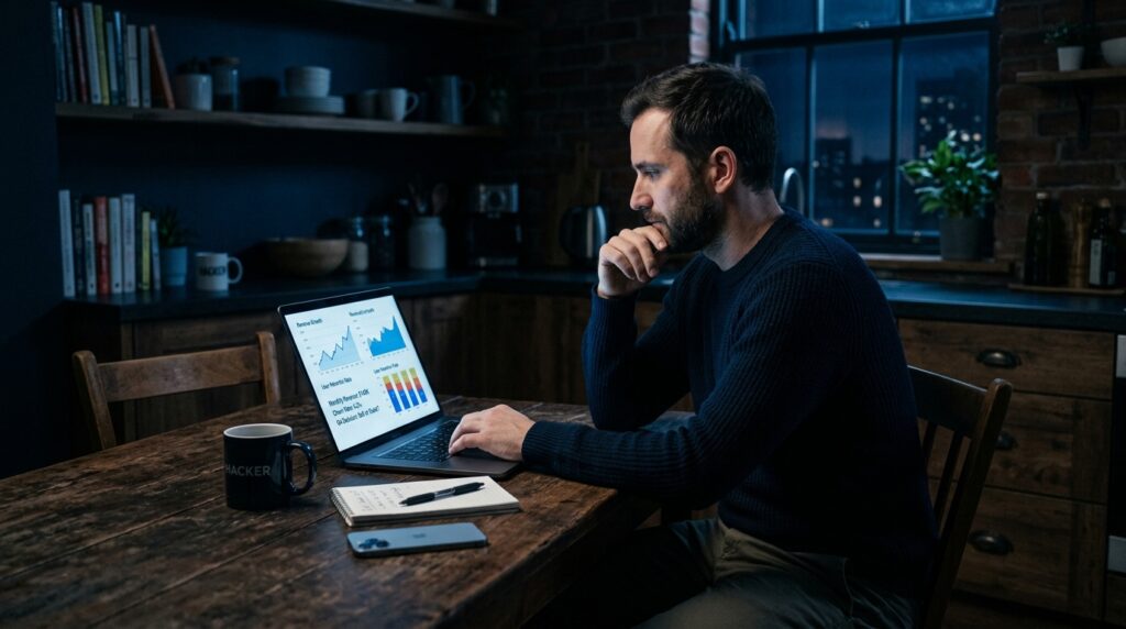 Founder at a laptop planning how to sell a mobile app, reviewing revenue and retention before listing