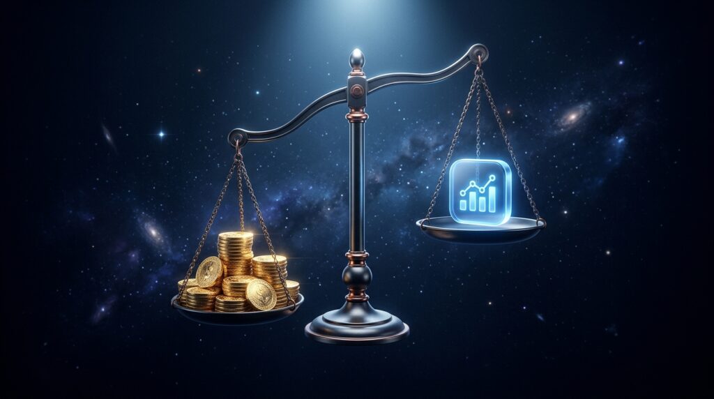 Mobile app valuation shown as a balance scale weighing an app against a stack of coins