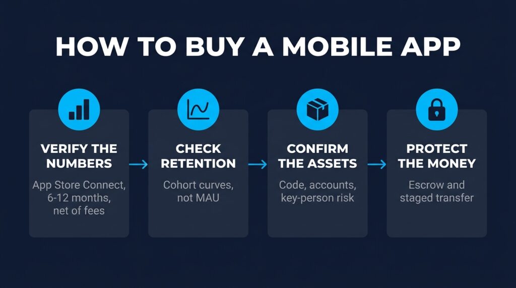 Checklist infographic showing 4 due diligence steps to buy a mobile app: numbers, retention, assets, escrow