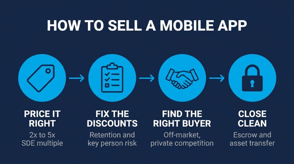 Four-step infographic showing how to sell a mobile app: price, prep, find buyer, close