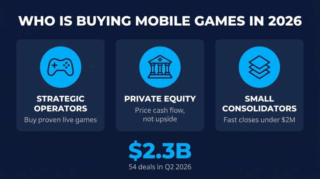 Infographic of mobile game acquisition trends showing three buyer types and $2.3B across 54 Q2 2026 deals