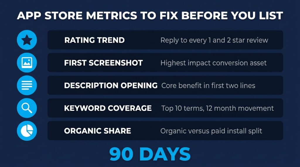 Checklist of five app store metrics to fix in 90 days before listing your app