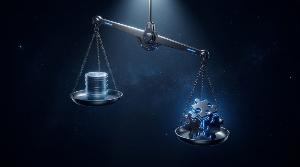 Balance scale weighing cash against strategic fit, the strategic vs financial buyer tradeoff in app M&A