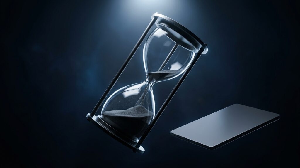 Hourglass and closed laptop showing the closing exit window when to sell your app