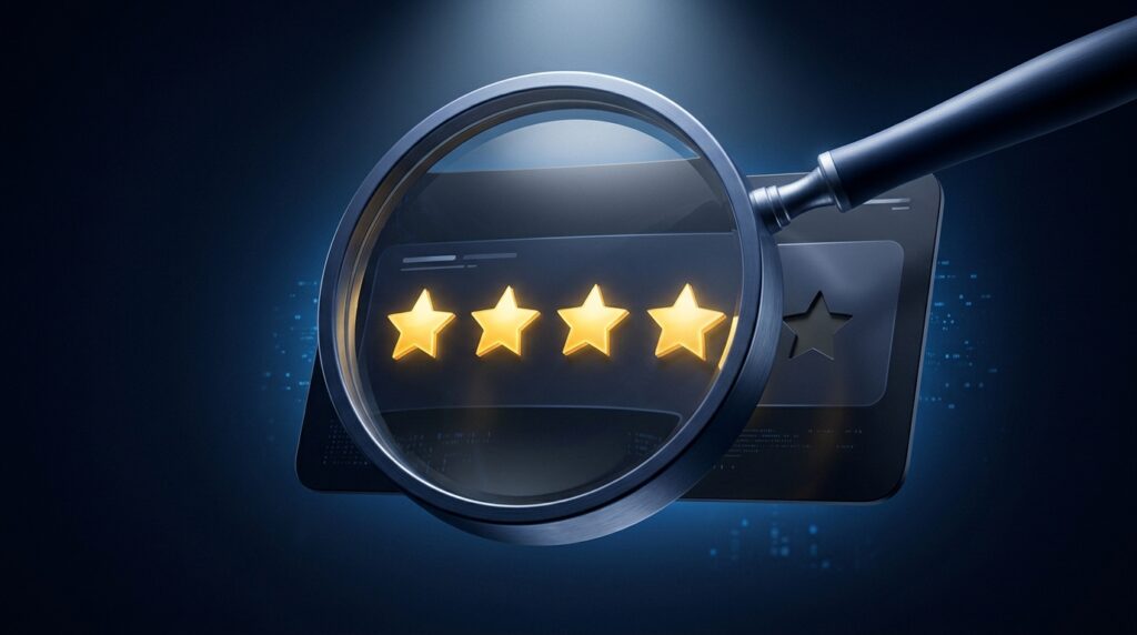Magnifying glass over a 3D star rating card, the app store metrics buyers check before an offer