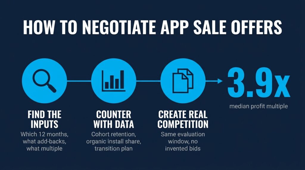 Infographic of the 3 steps for how to negotiate app sale offers after a lowball first offer