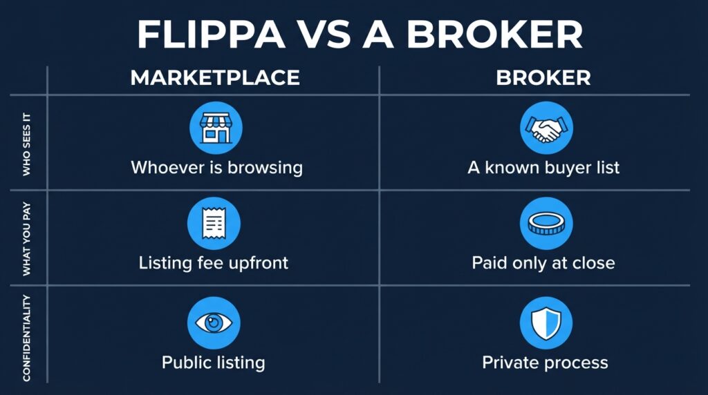Flippa vs a broker infographic comparing who sees your app, what you pay and confidentiality