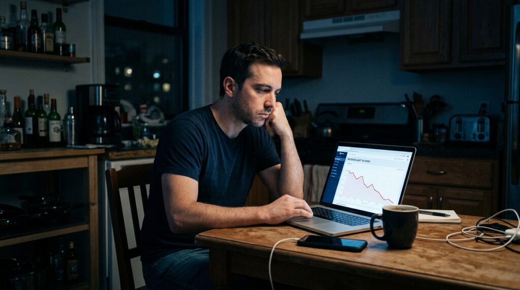Founder working late reviewing metrics after deciding to sell an app without a broker