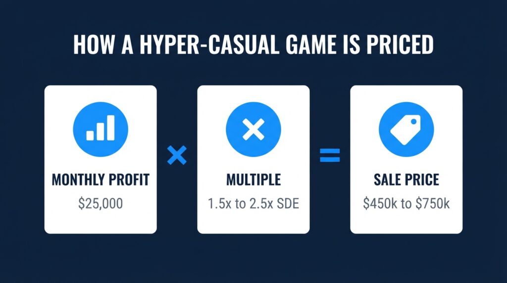 SDE formula showing how a hyper casual game valuation multiple turns profit into sale price
