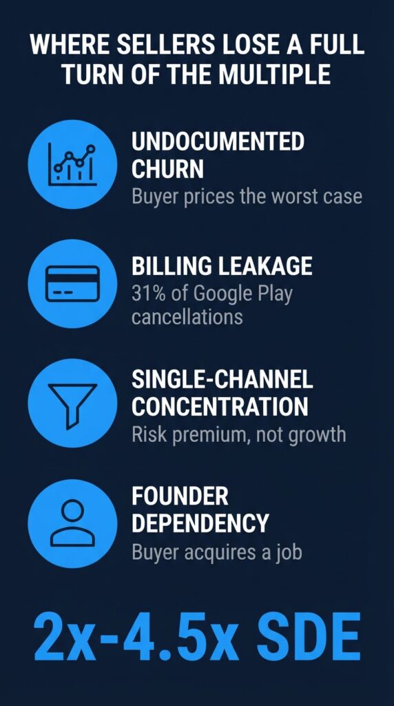 Four factors that lower a subscription app valuation multiple below the 4.5x SDE ceiling