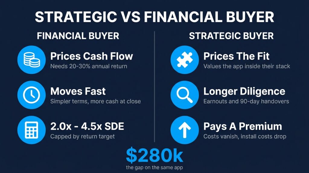 Comparison chart of strategic vs financial buyer pricing methods for a mobile app acquisition