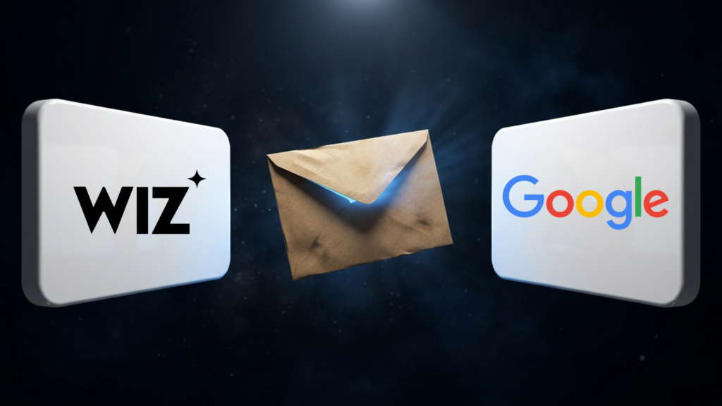 Wiz and Google logos on either side of a sealed acquisition offer envelope
